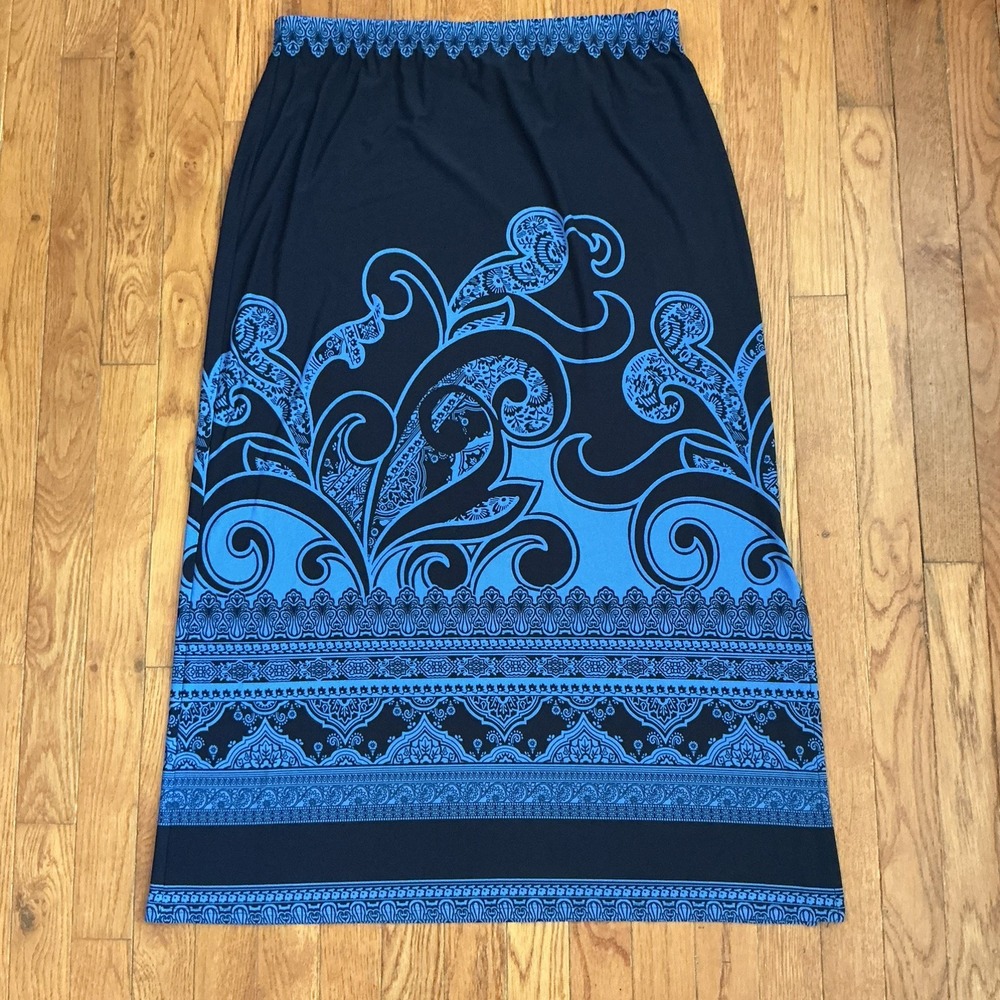 Susan Graver Printed Liquid Knit Maxi Skirt Size Petite PM Pull On Slit